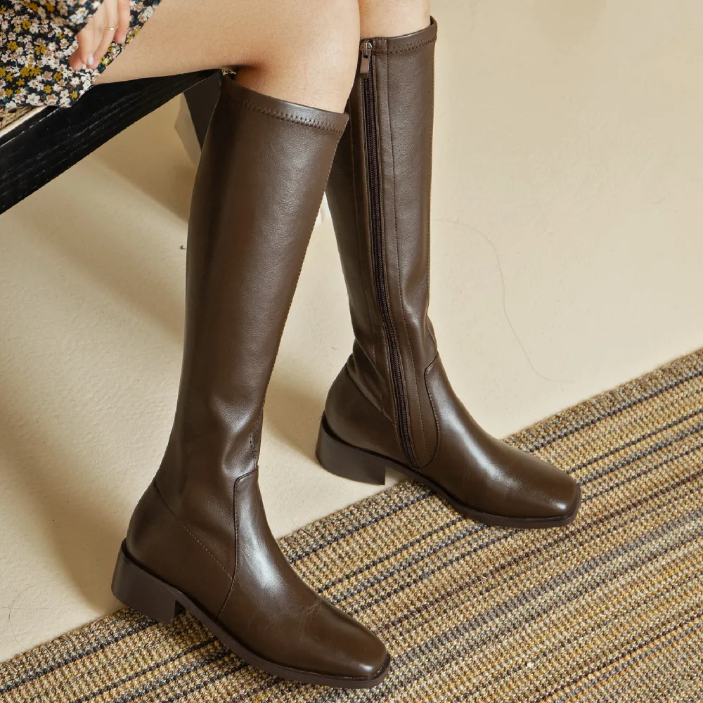 

Women's genuine leather stretch pu leather patchwork side zip autumn flats knee high boots square toe casual ong boots shoes hot