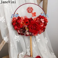 janevini ancient chinese style bridal fan vintage red rose artificial flowers bride wedding bouquet de fleurs artificielles 2020