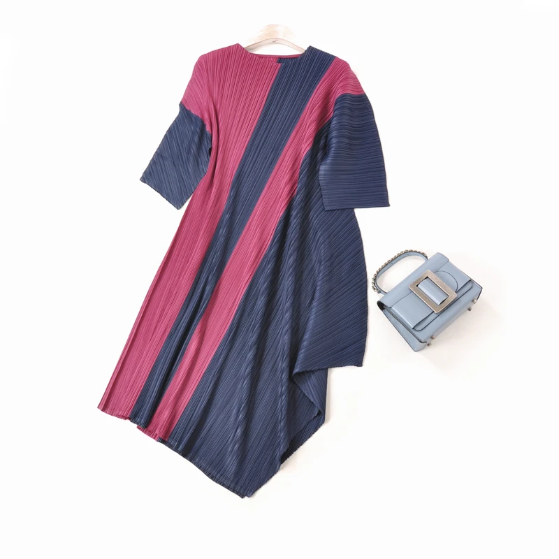 

HOT SELLING Miyake pressure show thin Diagonal cut color stripe pleate dress irregular three quarter dress IN STOCK
