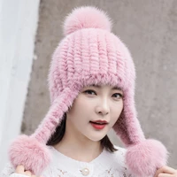 real mink fur hat knitted furry women cap with earflap winter soft warm bomber hat pink trapper hat with pompom