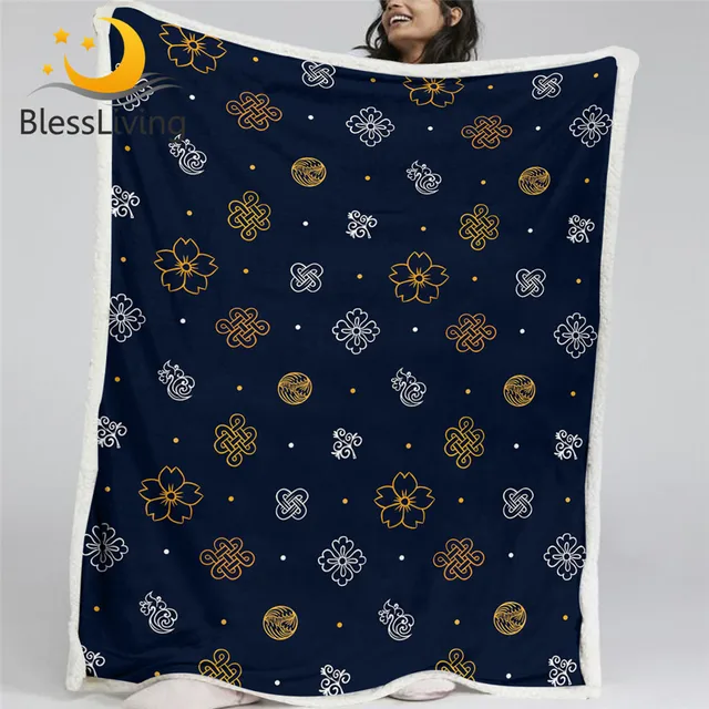 BlessLiving Asian Soft Blanket Culture Symbol Throw Blanket Chinese Knot Furry Blanket Japanese Cherry Blossoms Plush Bedspread 1