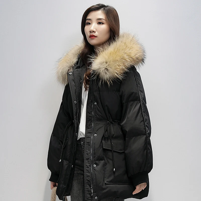 

FMFSSOM Winter Women Large Real Fur Collar Hooded Black Down Parka 90% Duck Down Coat Thick Warm Self-cultivation Snow Outwear