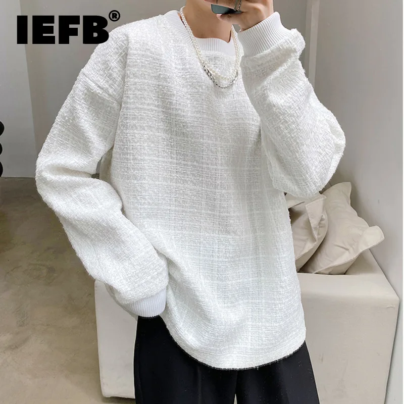 

IEFB Light Luxury Plaid Woven Fabric Men's Round Neck Thickened Long Sleeve Sweatshirts Trend Loose Pullover Top 2021 New 9Y9361