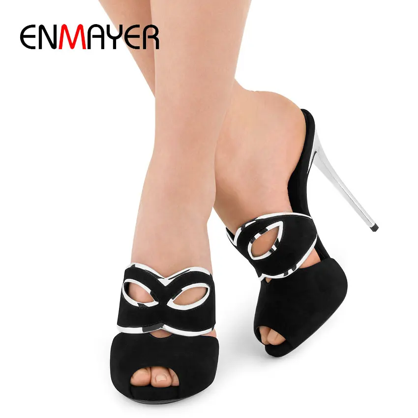 

ENMAYER Sexy Thin High Heels Women Shoes Flock Fashion Solid Summer Outside Women Slippers Platform Microfiber Slippers Women