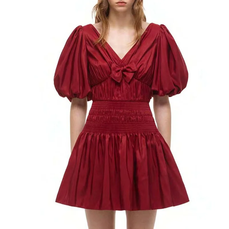 

HIGH QUALITY Newest 2021 Summer Fashion Solid Color V-Neck Puff Sleeve Bow short Dress