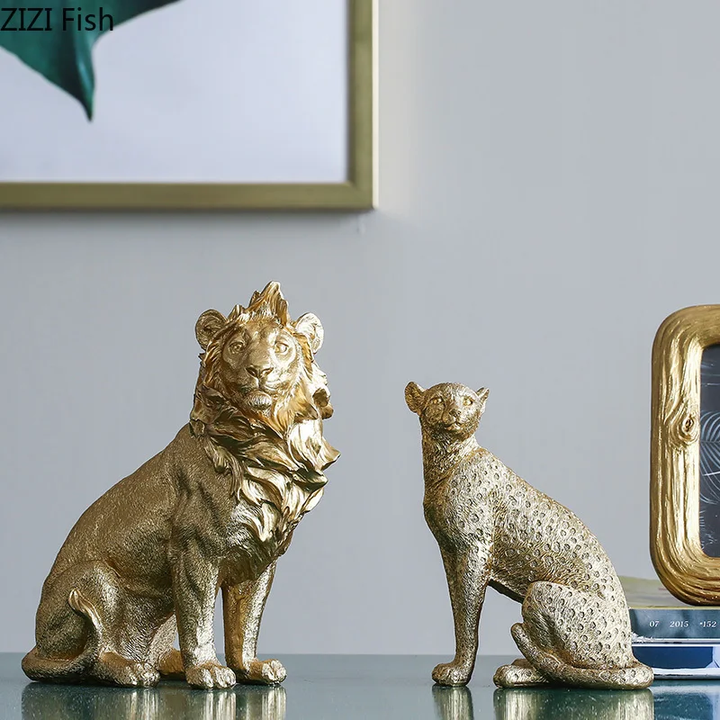 Креативная Современная Золотая Смола Имитация животных модель льва леопарда