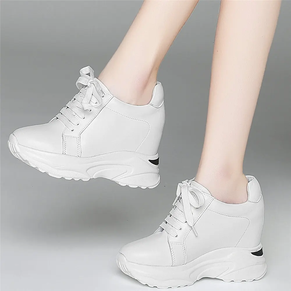 2021 Pumps Shoes Women Lace Up Genuine Leather Wedges High Heel Ankle Boots Female Round Toe Chunky Platform Fashion Sneakers