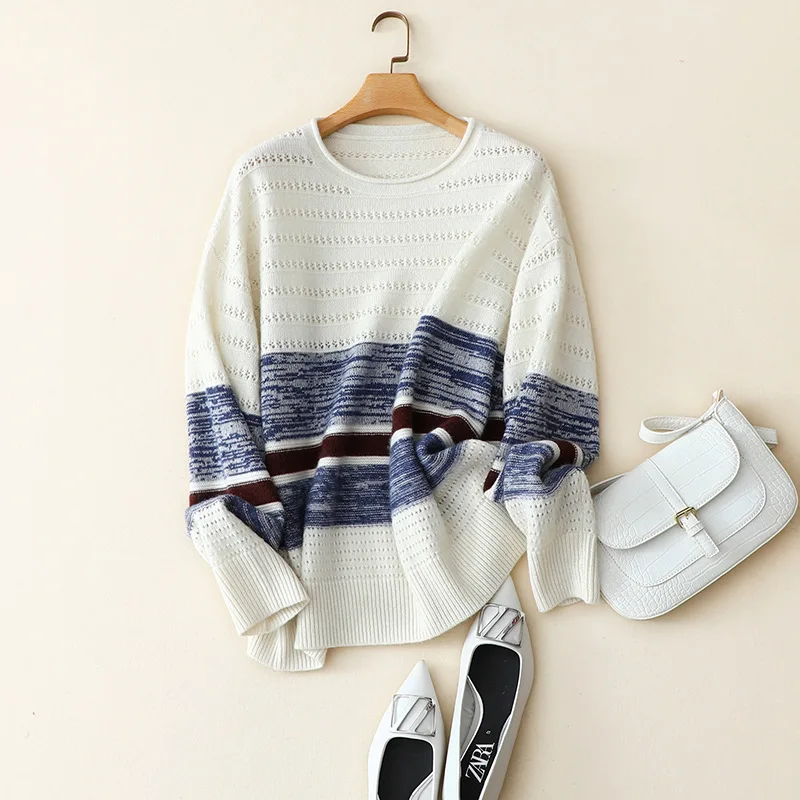 

Женский свитер, Женский Зимний вязаный женский свитер, высококачественные 100% кашемировые полосатые повседневные топы с круглым вырезом