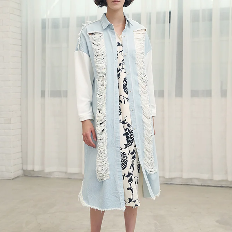 Distressed Women Denim Trench Coats Turn-down Collar Single Breasted Long Coat Loose Asymmetrical Outwear Free Shipping