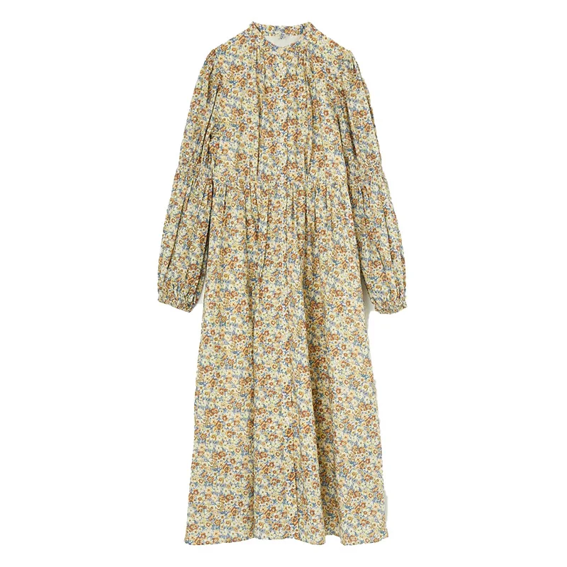 

Japan Style Slim Waist Dresses Stand Neck Chic Floral Print Design Woman Dress New Elegant Temperament Single Breasted Vestidos