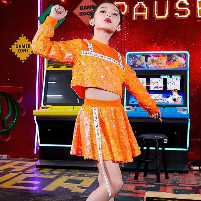 

2021 New Jazz Dance Costume Girls Sequined Hip Hop Kids Street Dancing Suit Orange Long Sleeve Tops Skirt Cheerleader Costume