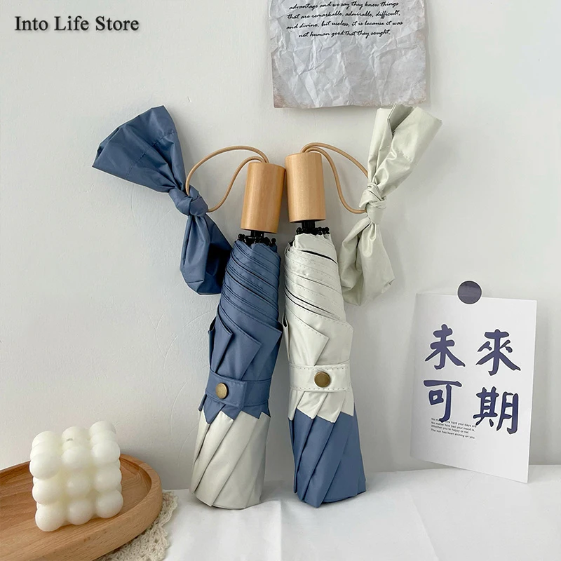 

Sun Beach Umbrella Folding Umbrella Rain Women Men Windproof Umbrellas for Girls Parasols Vintage Wood Handle Gift Ideas UPF50+