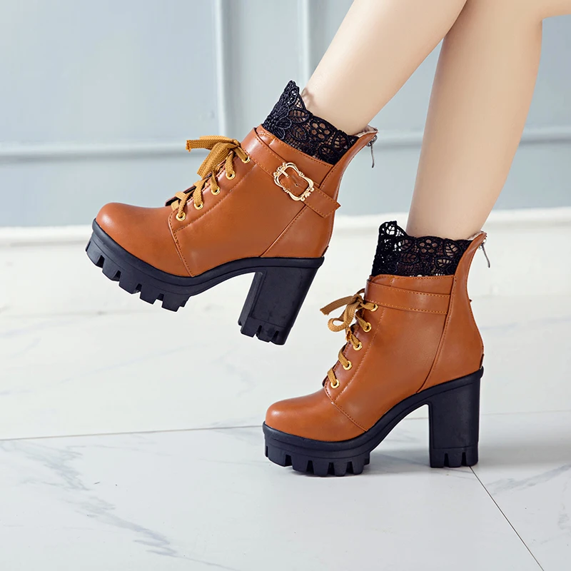 Женские ботильоны черного цвета на платформе 10 см размера плюс 34 43 шнуровке весна