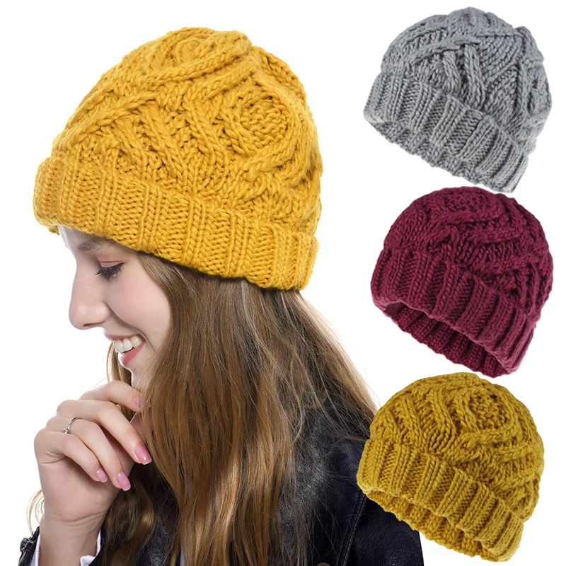 Модные зимние вязаные шапки-бини для женщин, эластичные зимние теплые вязаные плотные шапки с напуском и черепом