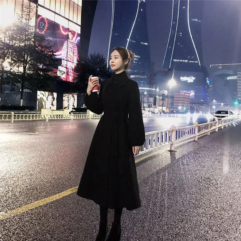 Autumn Winter Red Black Woolen coats Women Lantern Sleeve Wool&ampblends Long Coat Casual Loose Wool Jacket Female Outwear |