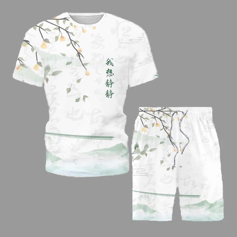 Summer Casual Short Sleeve Outfit Men Sets Retro Chinese Style  Literal Print T-Shirt and Shorts Suit Fashion Man Beach Clothes