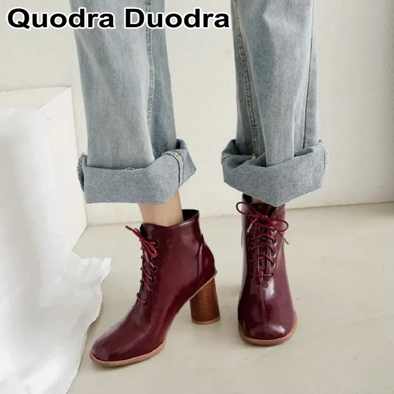 

Wine Red Martin Boots Ankle Boots Women Winter shoes Thick High Heel Shoes Lace Up Female Ladies Boots Fashion warm shoes Big