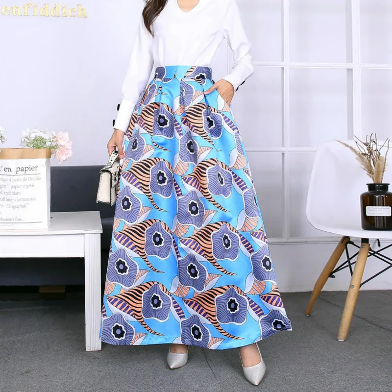 

Women's Casual Pleated Skirt Vintage Summer Bohemia Beach Floral Print Long Skirt Female High Waist Pocket Elegant Jupe Longue