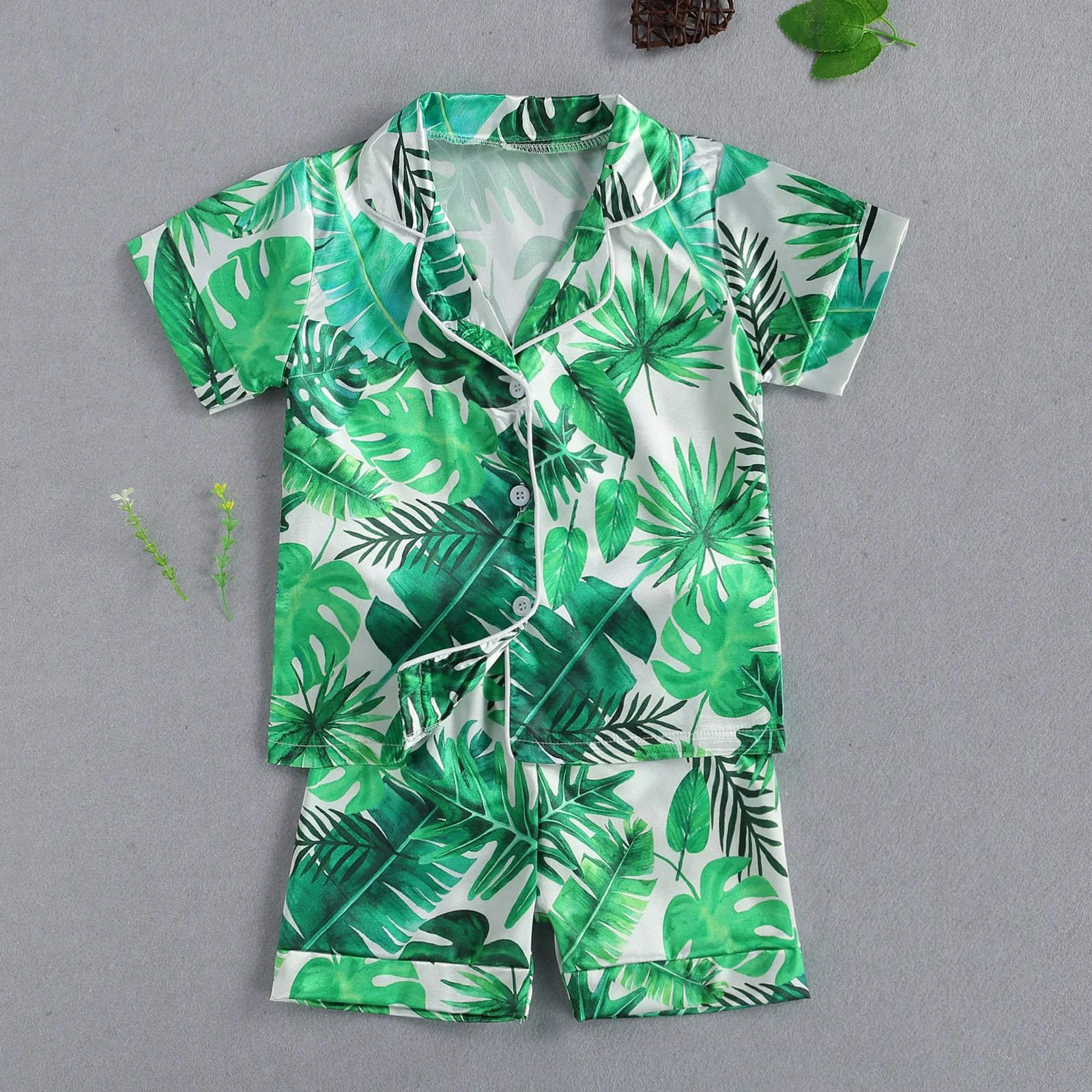

OPPERIAYA Children Two Piece Summer casual Pajamas Kids Jungle Plant Print Lapel Collar short sleeve Shirts Elastic Waist Shorts
