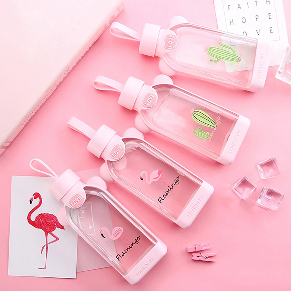 350 мл квадратная стеклянная бутылка для питьевой воды с изображением фламинго/кактуса/сакуры хорошая термостойкость с тканевым защитным покрытием