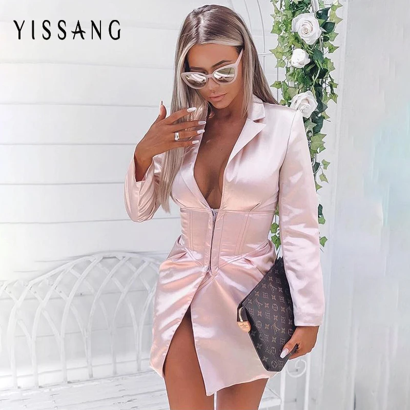 Yissang, Повседневное платье, Осень-зима, женское, длинный рукав, элегантное, Блейзер, платье, скрытое, однобортное, мини, для офиса, платья