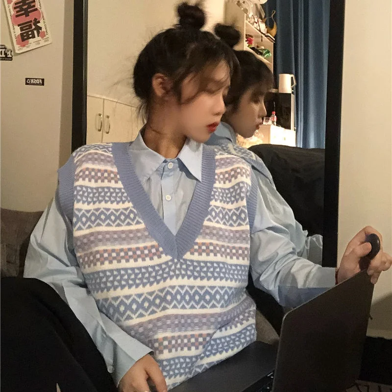 Женский полосатый винтажный свитер без рукавов с V-образным вырезом |