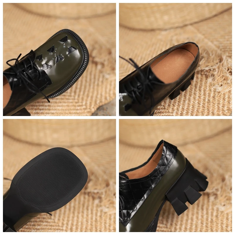 

REAVE CAT New 2021 Women Pumps Square Toe 4cm Block Heels Genuine Leather Patchwork Lace-Up Punk Stylish Casual Summer A3440