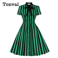 tonval bow tie neck green striped vintage robe button up elegant dresses for women office lady cotton plus size retro dress