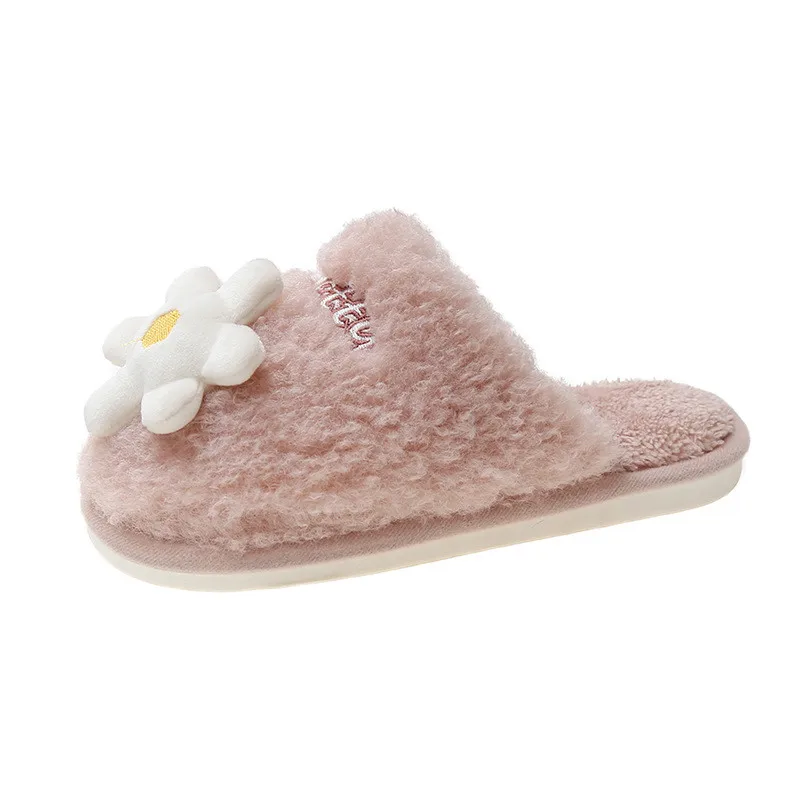 Winter Women Home Cotton Slippers Fluffy Hairy Slides Cute Floral Warm Floor Shoes Memory Foam Soft Short Plush Faux Fur Slipper