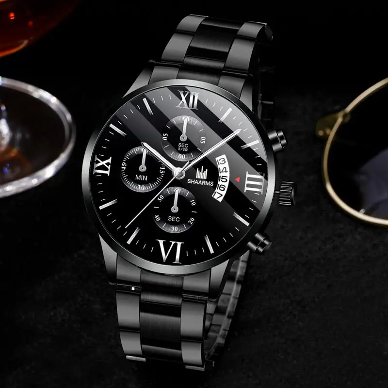 Модные мужские черные часы из нержавеющей стали аналоговые кварцевые роскошные