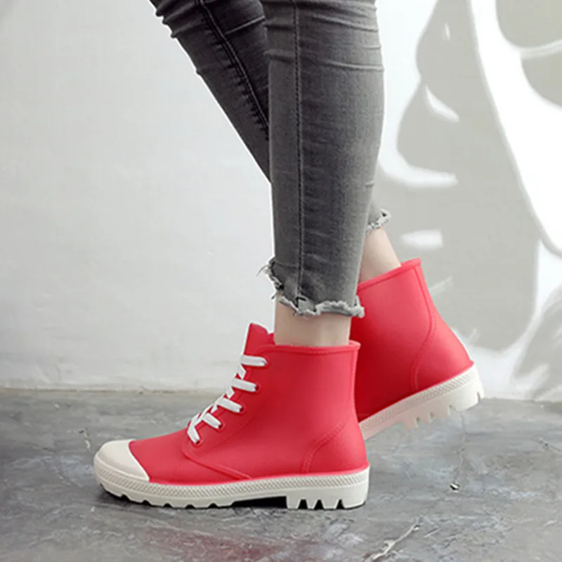 New Fashion Rain Boots Women Shoes Candy Color Non-slip Jelly Shoes Woman Ankle Boots Lace Up Waterproof Gum'd Boots galoshes