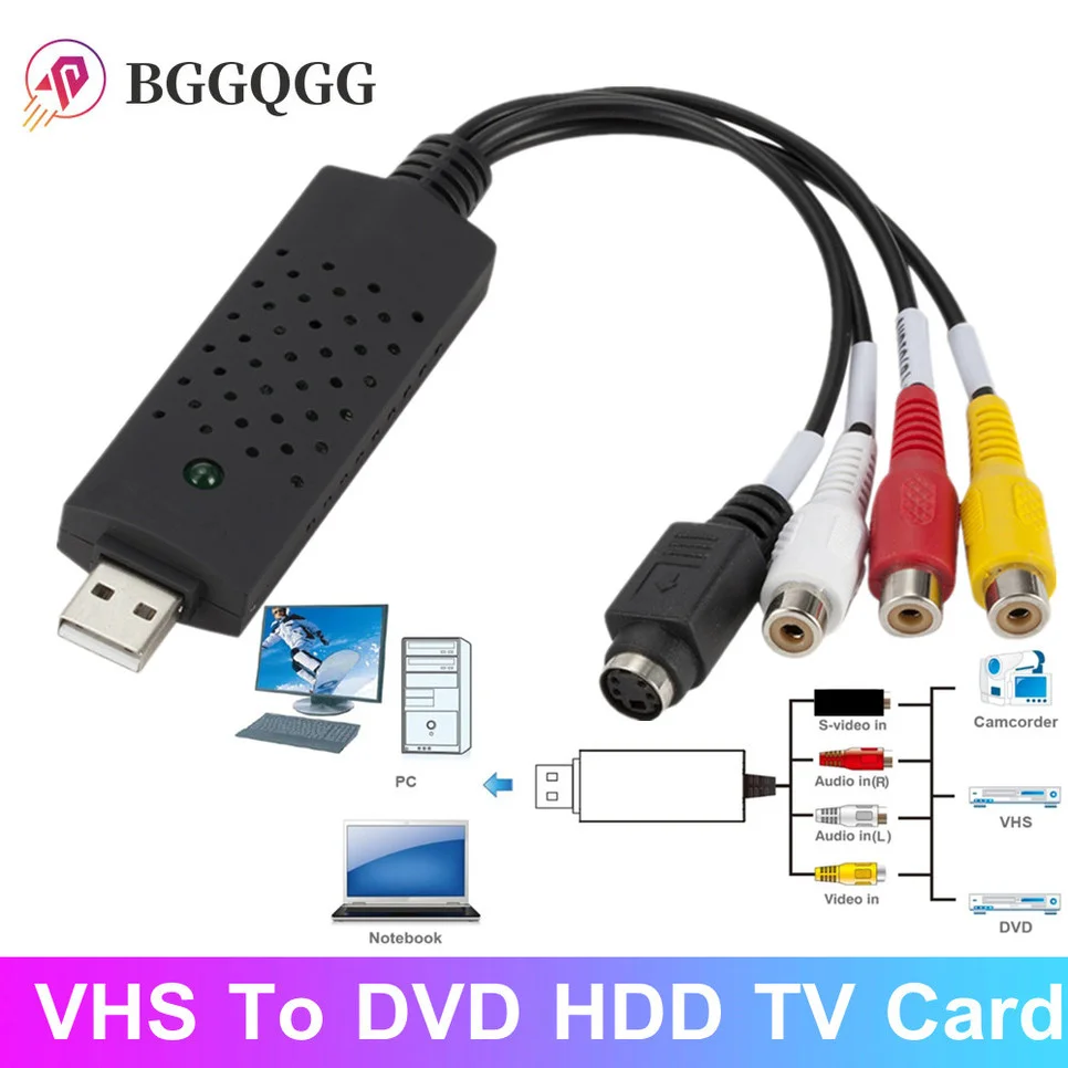 BGGQGG USB 2,0 конвертер VHS в DVD конвертирует Аналоговое видео в цифровой формат аудио видео DVD VHS запись карта ПК адаптер