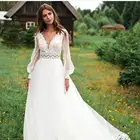 Женское свадебное платье до пола, белое фатиновое платье с длинным рукавом-фонариком и V-образным вырезом, платье невесты, 2021