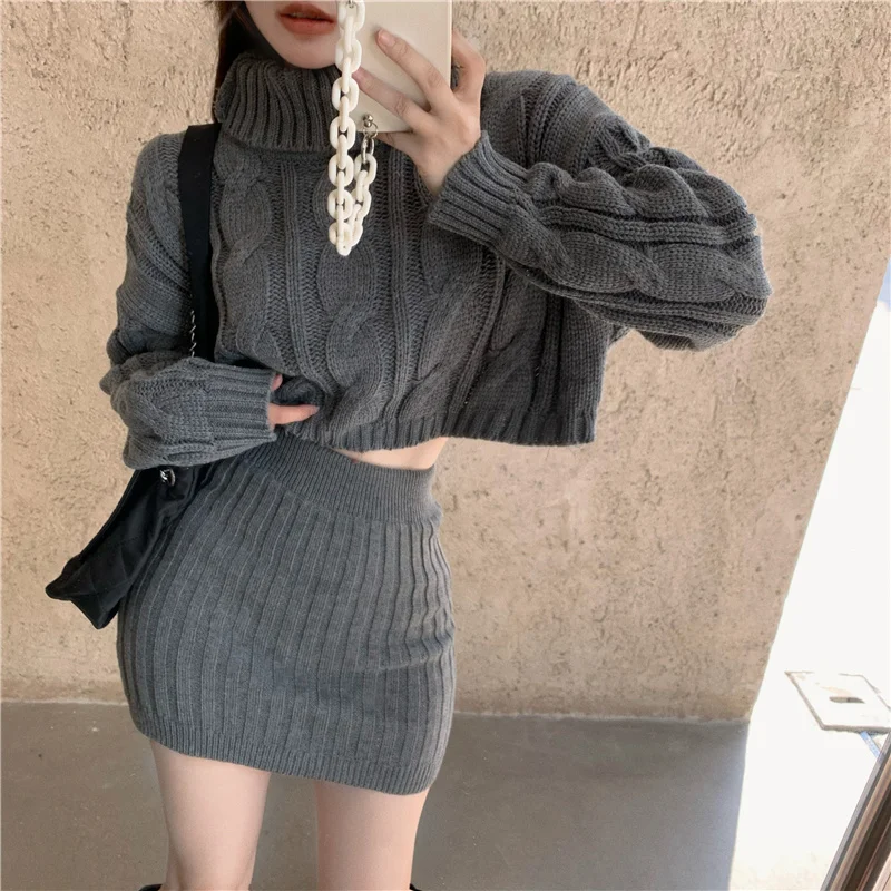 

Autumn Winter Two Piece Outfits For Women Knitted Pullover Crop Top + High Waist Bodycon Mini Skirt 2 Piece Set Ensemble Femme