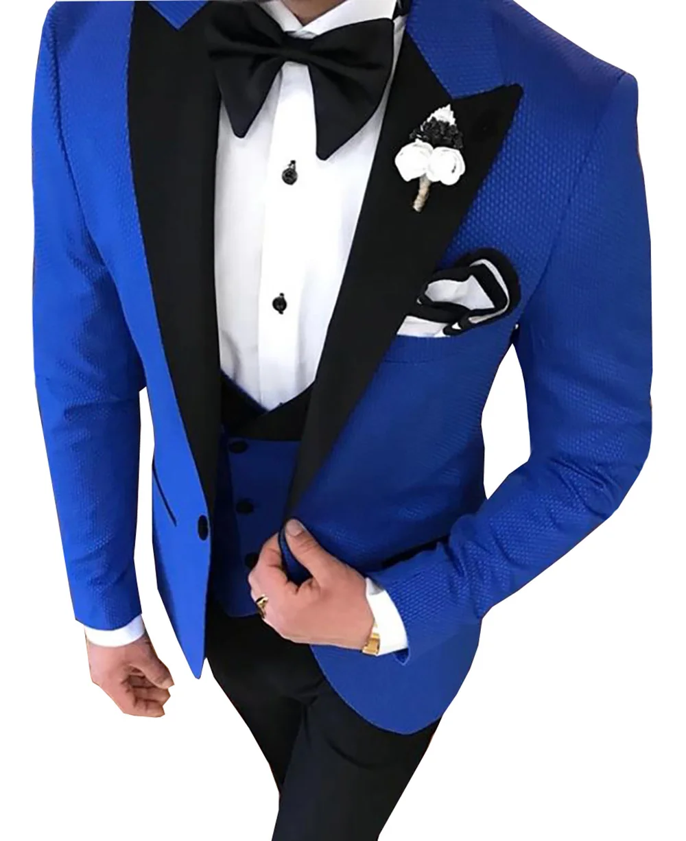 2018 New Men's Leisure Blue Suit 3 Pieces Double-breasted Vest Lapel Tuxedos Groomsme For Wedding Party (Blazer+Vest+Pants) | Мужская