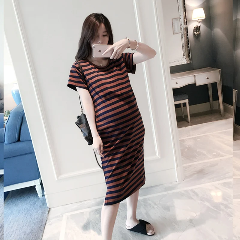 2022 Women Maternity Striped Long Dresses Short Sleeve Autumn Spring Pregnant Female Casual Clothes Pregnancy Dresses Tops Tops