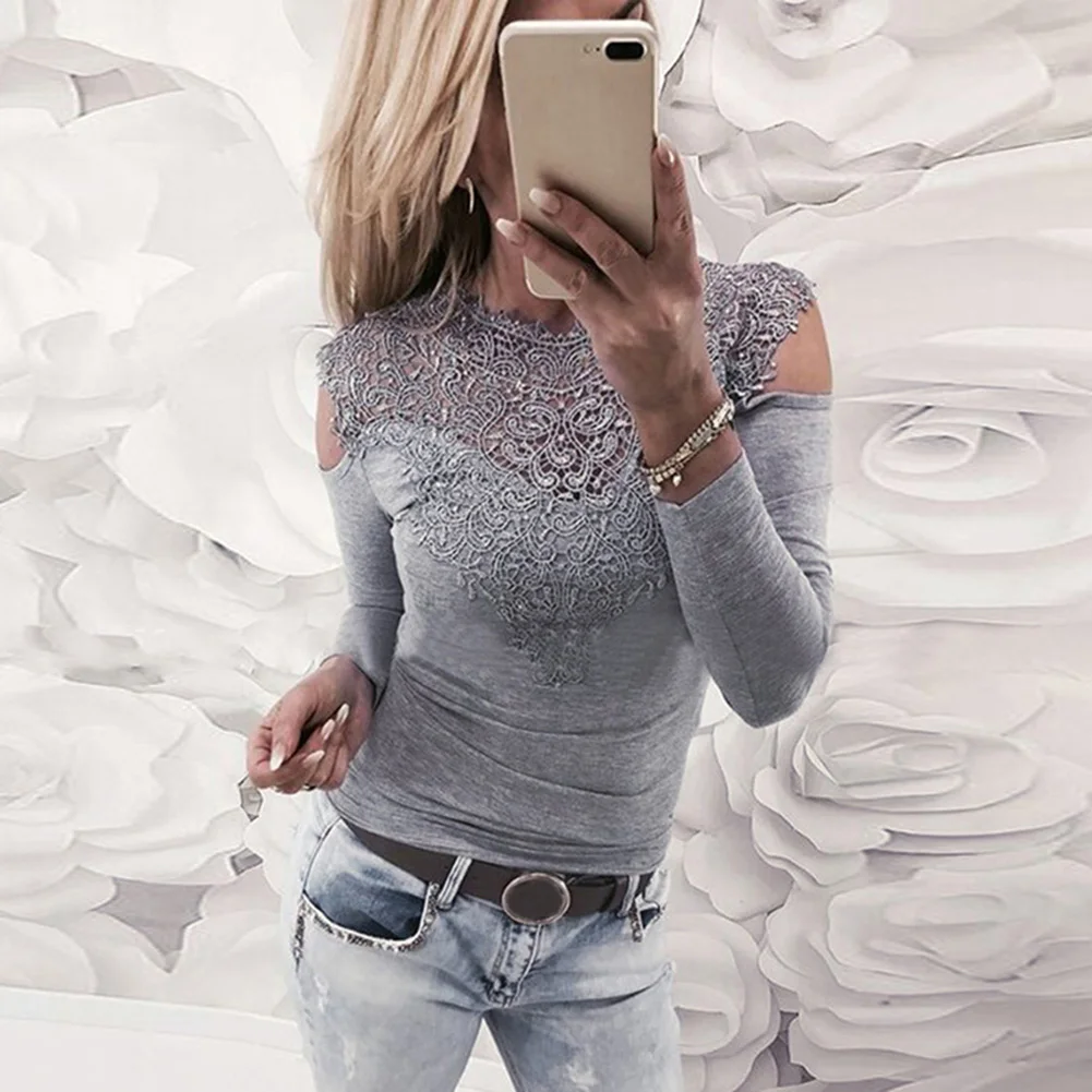 Сексуальные женщины полые Кружева Лоскутная холодная плеча с длинным рукавом