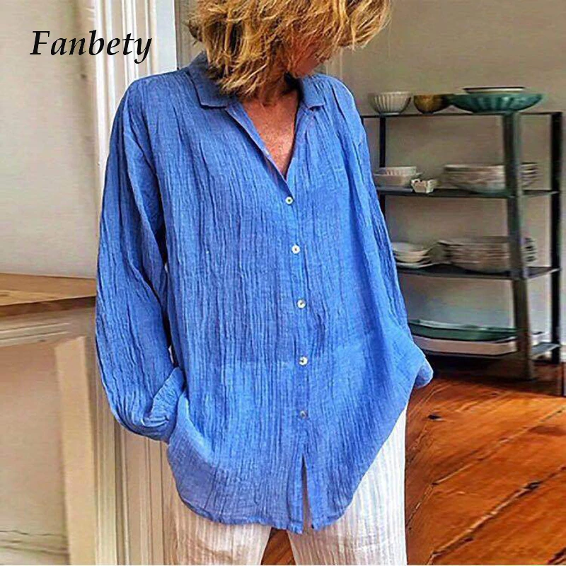 

Повседневные женские топы и блузки из хлопка и льна, однотонная блузка с длинным рукавом и отложным воротником, рубашка свободного покроя, ...