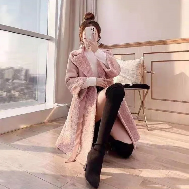 

Autumn Winter 2021 Wool Cashmere Coats High Quality Women Suede Leather Patchwork 3/4 Sleeve Casual Pink Long Coats Outerwear