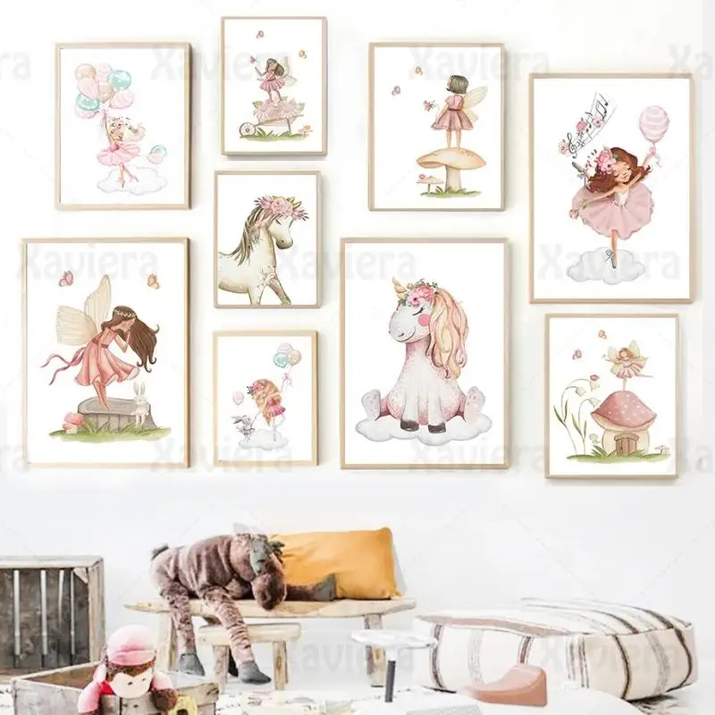 

Nordic Posters And Prints Cartoon Illustration Ballet Girl Butterfly Girl Horse Canvas Painting Nursery Wall Art Baby Room Decor