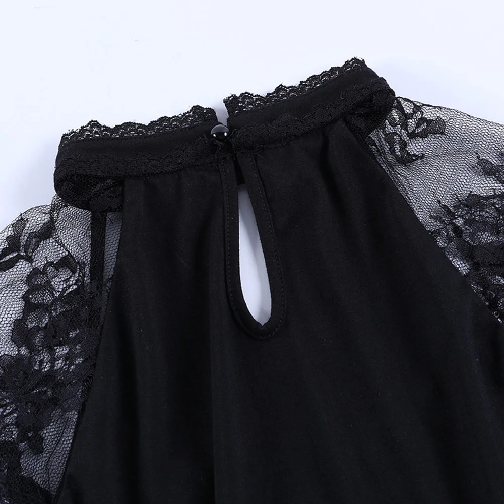 

2021 Summer T-Shirt High Street Fashion Gothic Casual Designer Hipster Thin Lace Splicing Sexy Low-cut Round Neck Summer