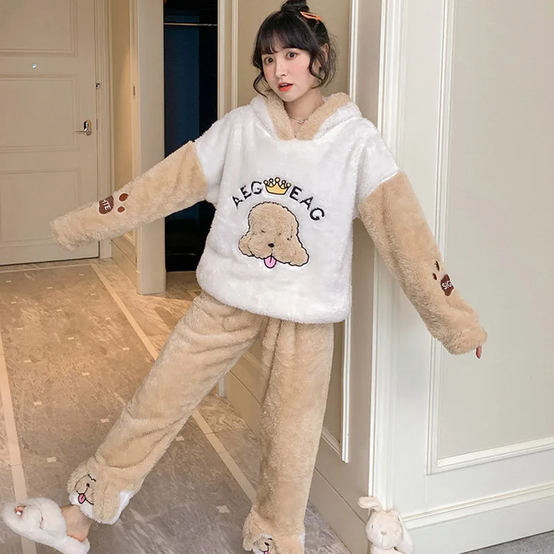 

Winter Women's Hooded Flannel Pajamas Set Thick Warm Nightwear Sweet Cartoon Pyjamas Female Long Sleeve Pants Pijama Homewear