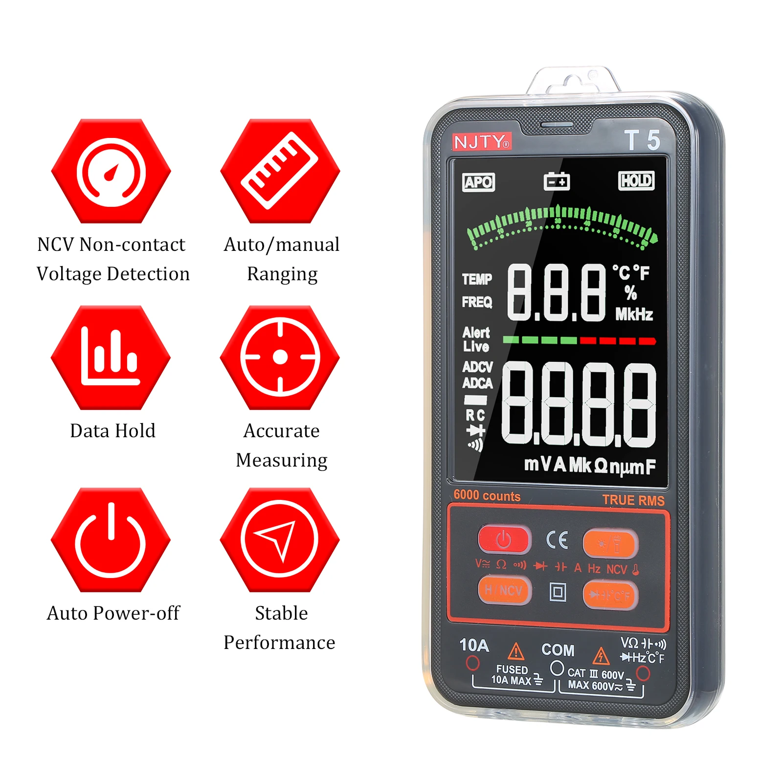 

NJTY T5 6000 Count True RMS Multimeter 3.8in 600V Voltmeter 10A Ammeter AC/DC Voltage&Current Resistance Capacitance Temperature