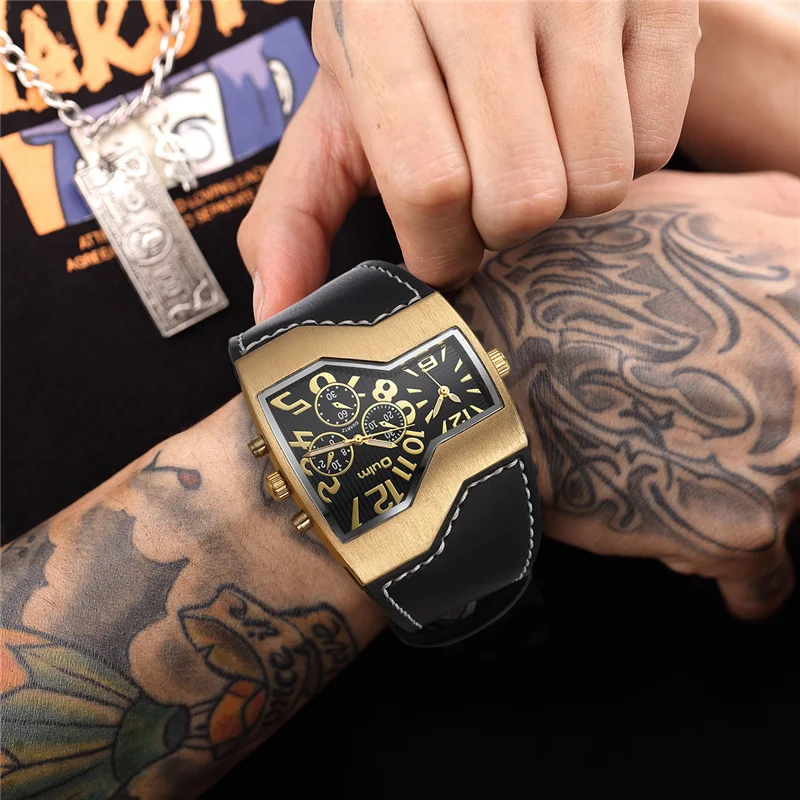 

Oulm Black Cool Men Wristwatches Fashion Design Two Time Zone Quartz Watch Male Army Military Clock Man Luxury Brand Watches