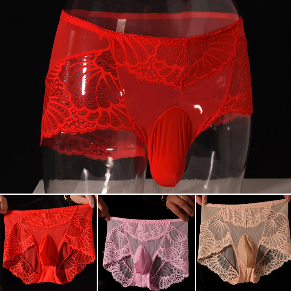 

Men's Sexy Low Rise Lace Breathable Briefs See Through Underwear Pouch Panties Shorts U Convex Pouch Sexy Lingerie Boxer Shorts