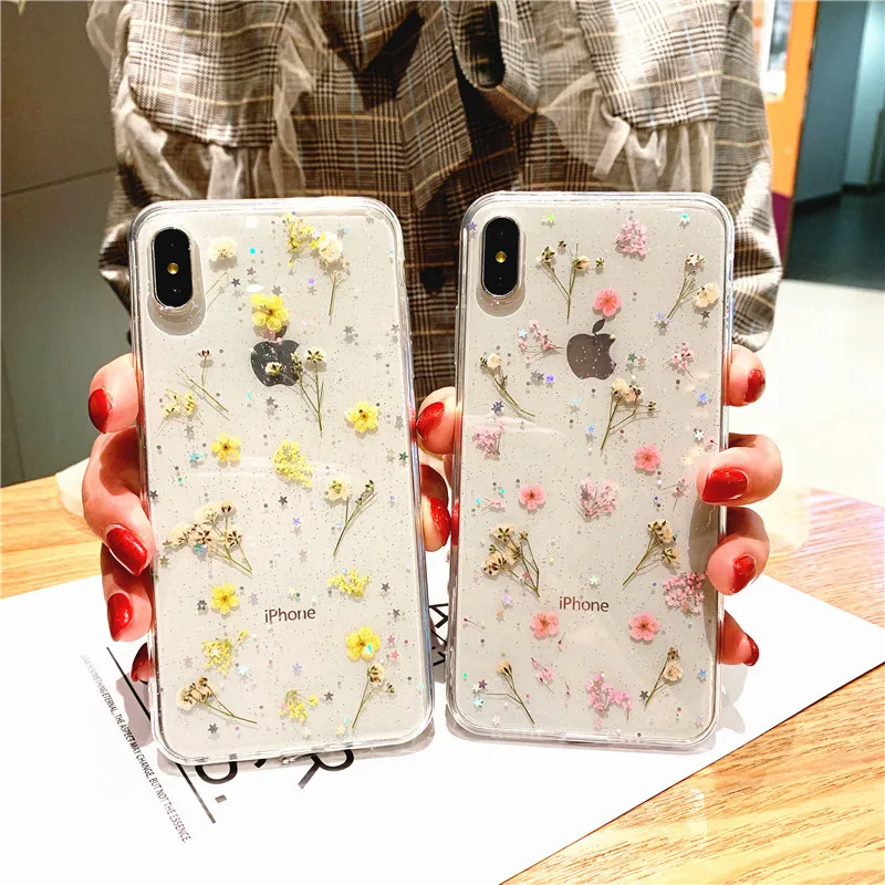 Прозрачный чехол с настоящим сухим цветком для iPhone 8, 7 Plus, 6, 6 S, прозрачный чехол с эпоксидной звездой для iPhone X, XR, 11 Pro, XS MAX, мягкий чехол