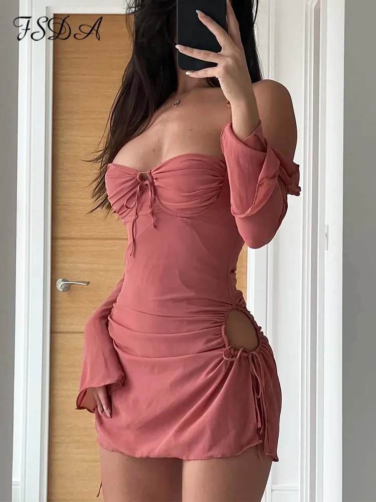 FSDA Halter Neck Pink Mini Long Sleeve Women Dress Hollow Out Black 2022 Summer Autumn Y2K Sexy Dresses Bodycon Party
