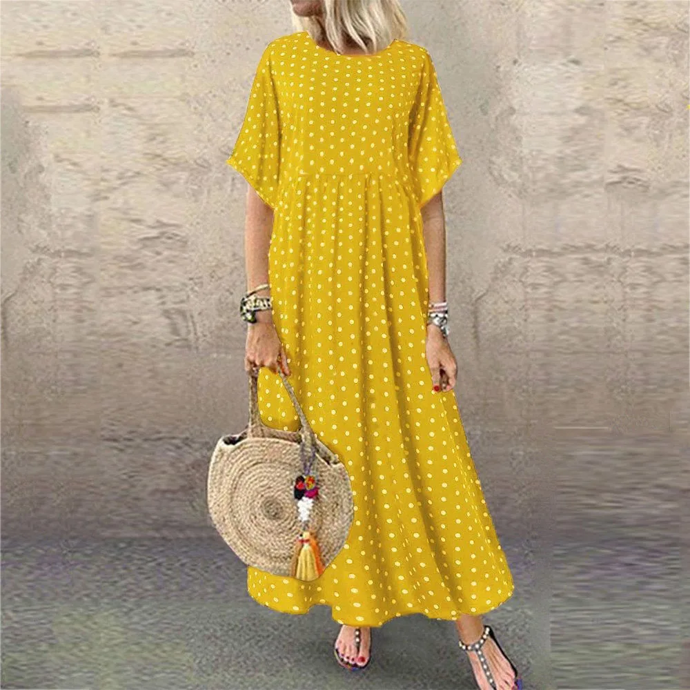

Женское пляжное платье-макси в горошек, повседневное свободное элегантное платье миди в богемном стиле с коротким рукавом, лето 2021