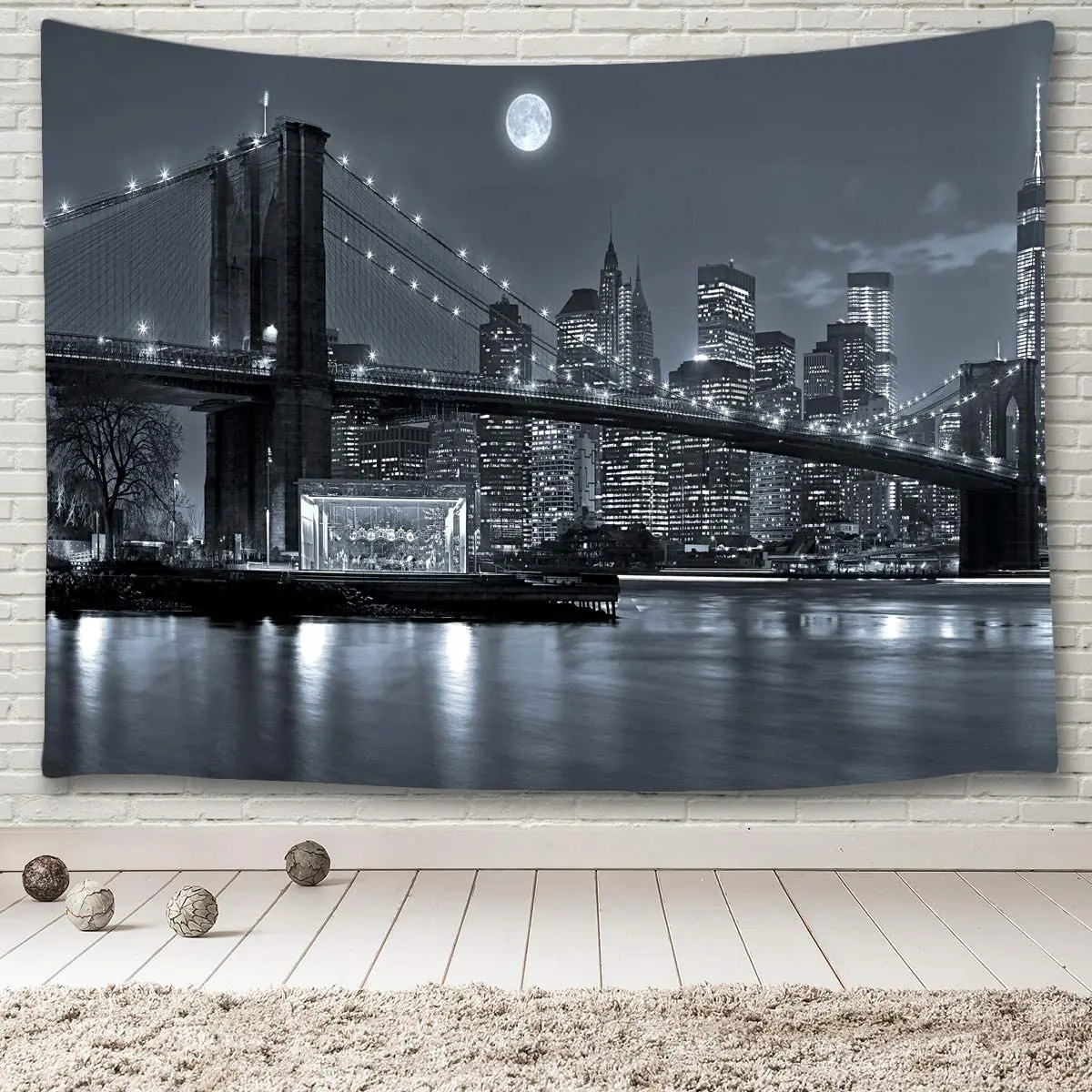 

New York City Skyline Tablecloth Table Cover,Brooklyn Bridge East River Manhattan Skyscrapers Lights Moon Night