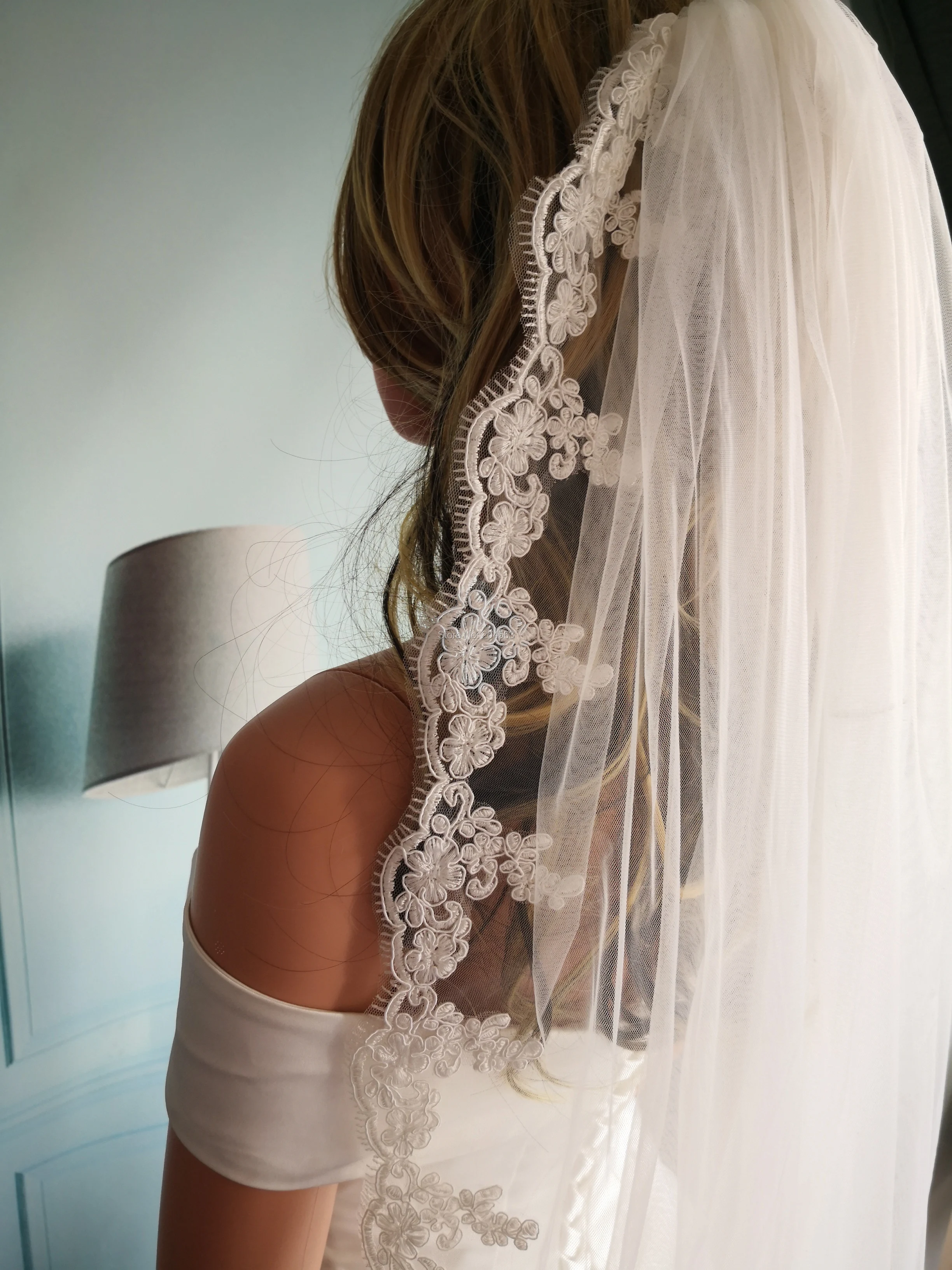 Однослойная белая или слоновая кружевная свадебная фата Тюлевая Фата для